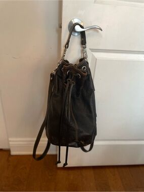 Rugby Black Leather Drawstring Bucket Shoulder Bag and backpack